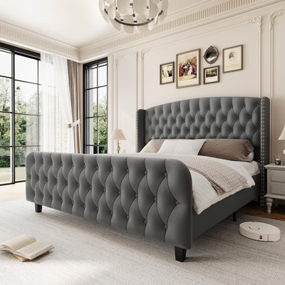 Base de lit tapissier grand format en velours, tête de lit et pied de lit à oreilles de 51 po de hauteur avec capitonnage à boutons profonds, support en lattes de bois pouvant supporter 1000 lb, aucun sommier requis, assemblage facile, gris clair