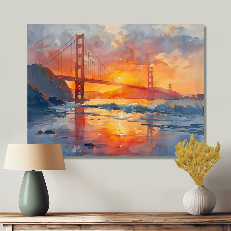 Art mural jaune jaune rouge Golden Gate, Toile tendue, H 34 po x l 44 po x P 1,5 po