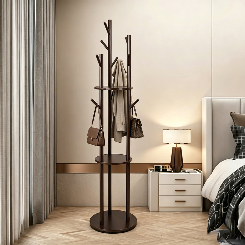Portemanteau rotatif en bois avec tablettes, portemanteau autoportant H 64,8 po