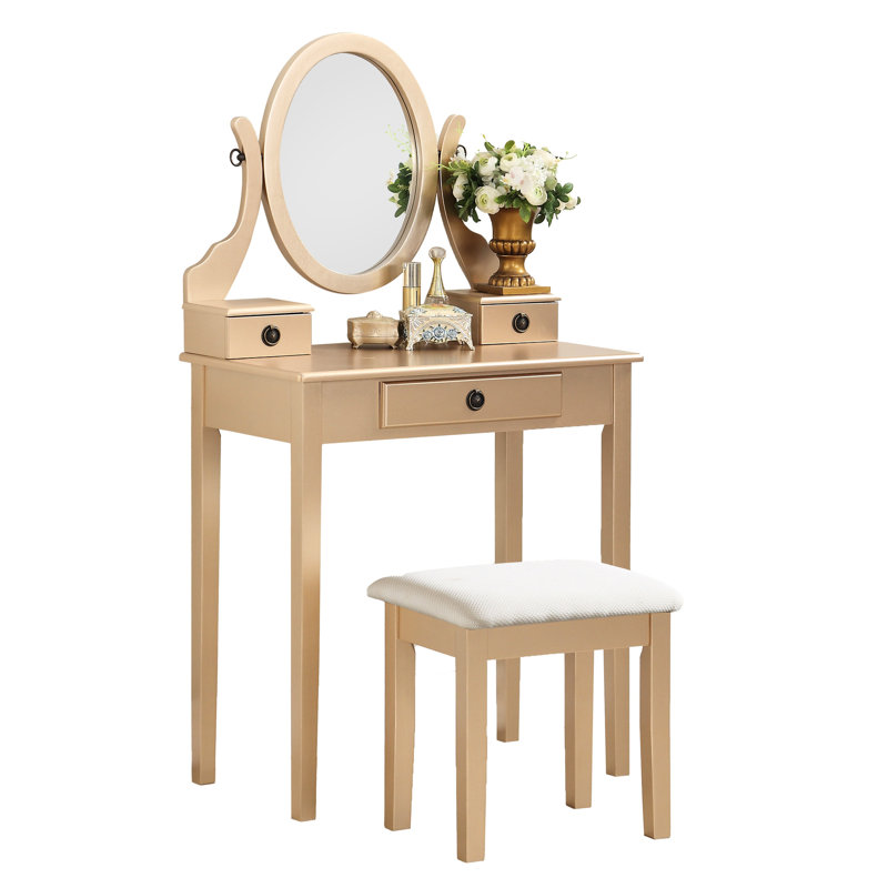 Coiffeuse et tabouret dorés éclatants, 3 tiroirs, miroir en bois ajustable, un véritable bijou avec rangement