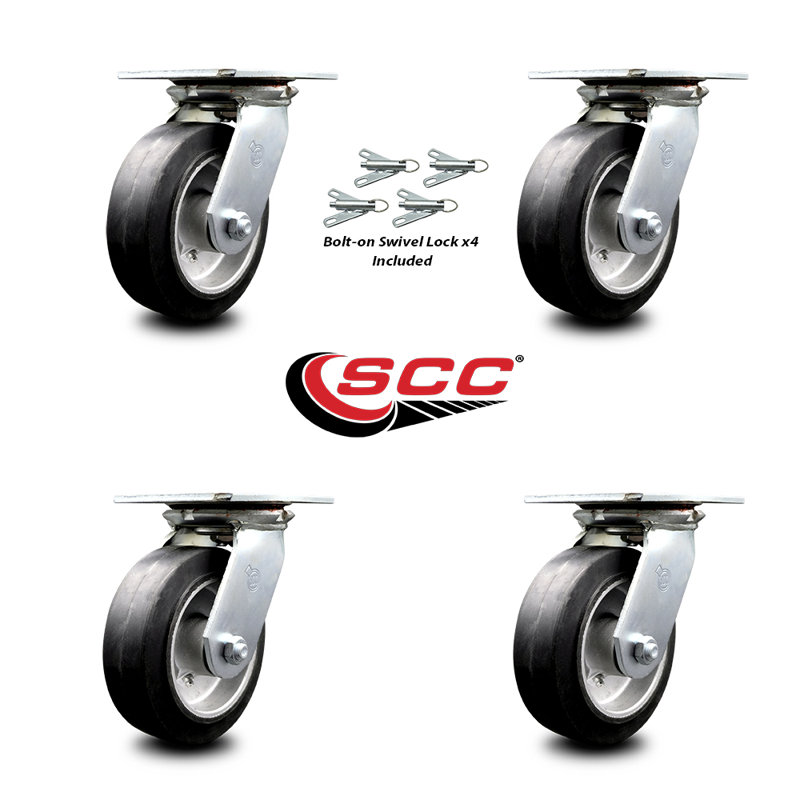 6 Inch Rubber on Aluminum Caster Set with Ball Bearings and Swivel Locks SCC