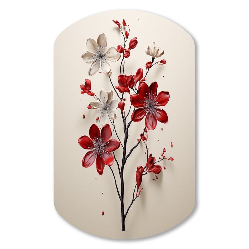 «Red Beige Minimalisme Essence Of Red Flower», impression sur métal cylindrique minimaliste, art mural asymétrique moderne en métal