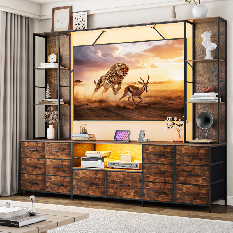 96" Large Wall Unit Entertainment Center with 14 Fabric Drawers, Large TV Stand with Bookshelves for Living Room, Farmhouse TV Console with LED Lights & Charging Station
