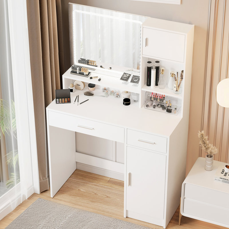 Table de coiffeuse de chambre à coucher avec grand tiroir et DEL. Rangement à 3 niveaux, hauteur 15,28 po Rangement en panneau de particules blanc. Niveau, luminosité réglable. Blanc, profondeur de 54,77 po