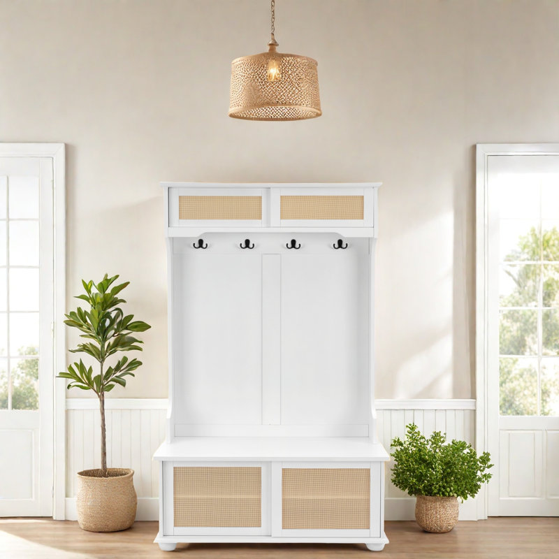 Hall Tree Entryway Bench With Rattan Door Shelves And Shoe Cabinets