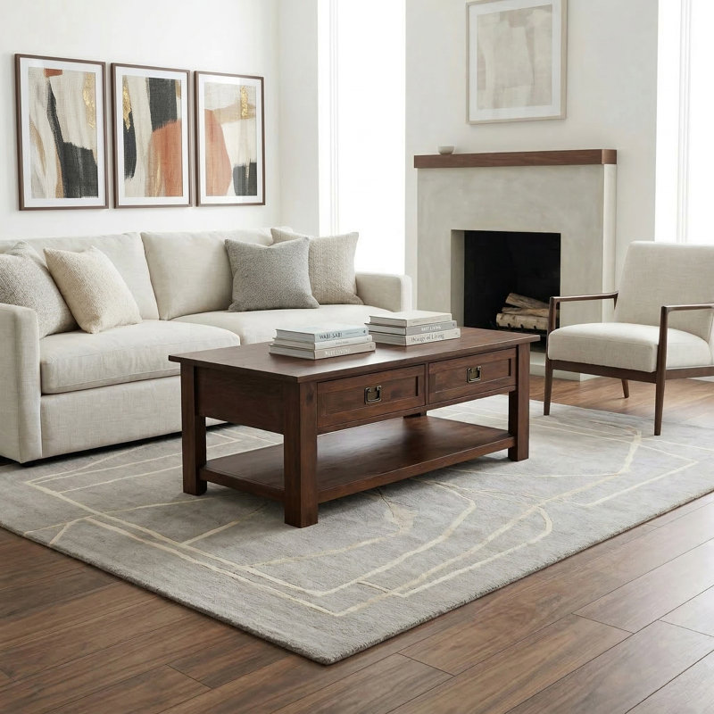Table basse en bois d'acacia massif Monroe l 48 po avec 2 tiroirs et tablette ouverte
