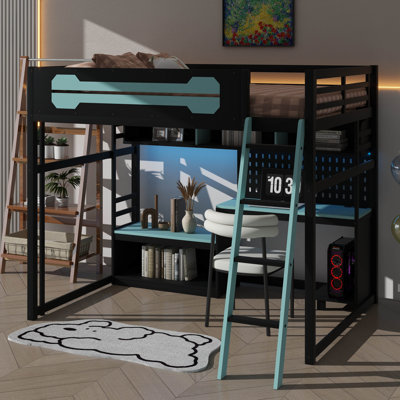 Lit mezzanine pleine grandeur avec bureau et éclairage DEL, lit mezzanine en bois équipé de tablettes de rangement