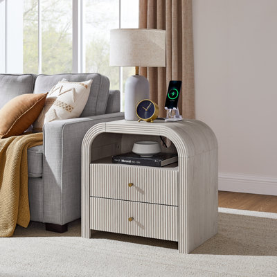 24" Fluted Nightstand With Charging Station And 2 Storage Drawers, Modern End Table With Open Shelves