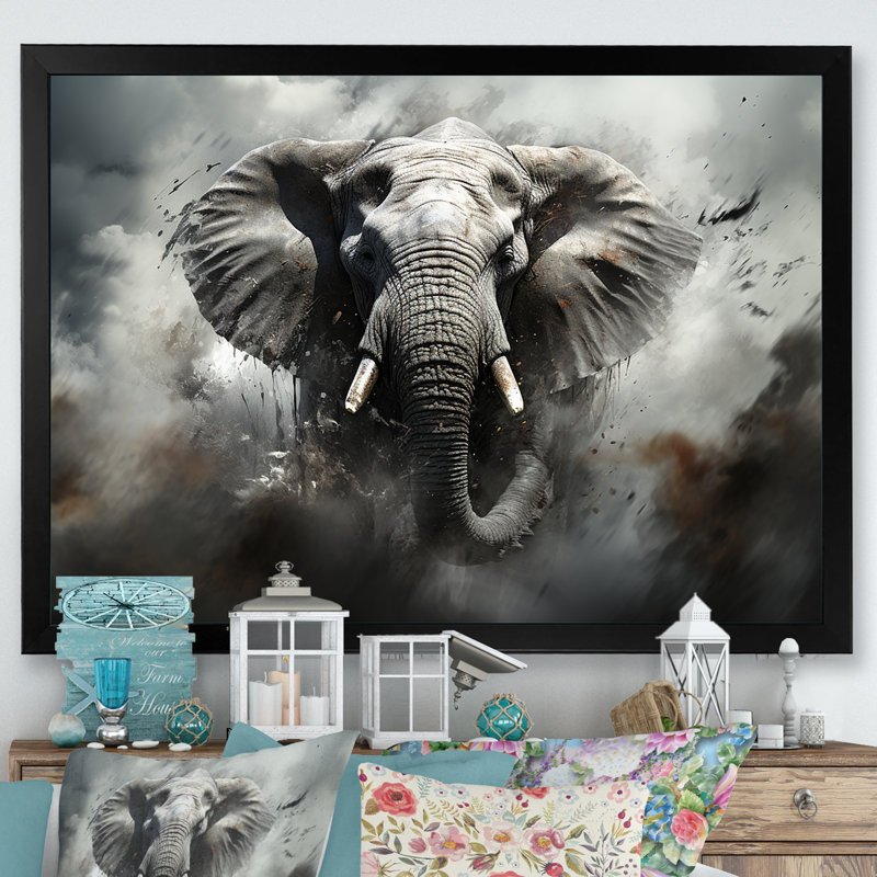 «Elephant Symphony Stampede I» sur toile, H 24 po x l 32 po x P 1 po, Cadre simple noir