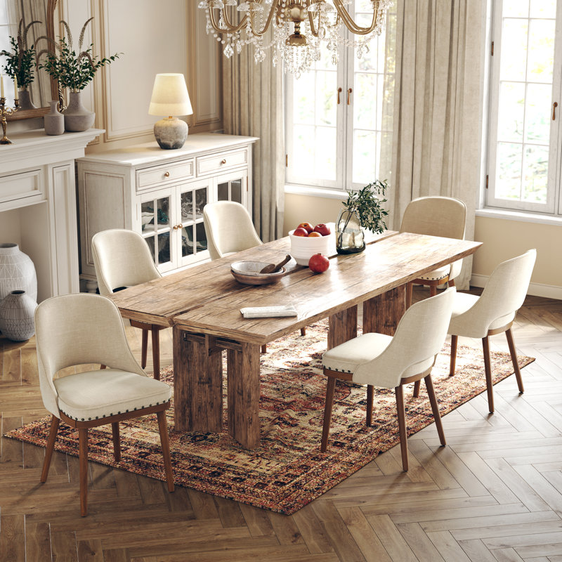 Two-tier solid wood upholstered side chair, Beige, Set of 6, Rivet