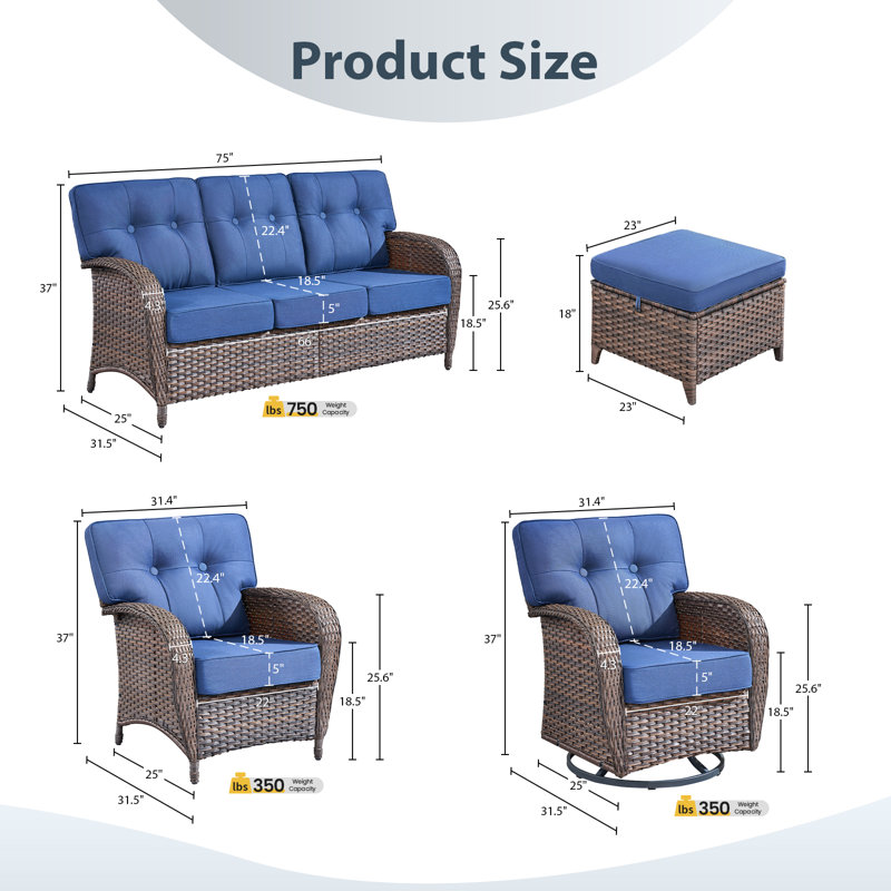 7-Piece Patio Furniture Set, All-Weather Outdoor Seating Set With Swivel Glider Chairs & Ottomans, Blue