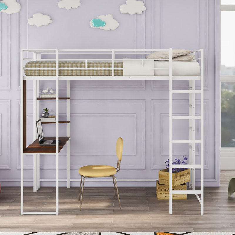 Lit mezzanine en métal avec tablettes et un bureau, Blanc