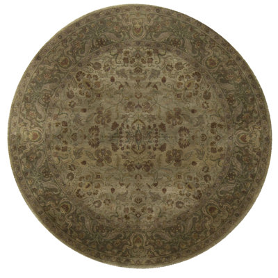 Tapis rond vert et brun noué à la main de haute qualité