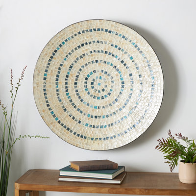 Eloise Mother of Pearl Shell Handmade Mosaic Plate Home Wall Decor with Blue Accents