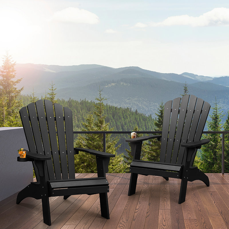 Oversized High Density Polyethylene Adirondack Chair with Cup Holder, Weather Resistant Patio Chair, Black