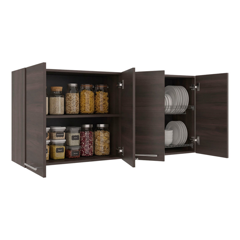 Armoire de cuisine murale Verona avec support à vaisselle intégré et quatre portes, Brun foncé