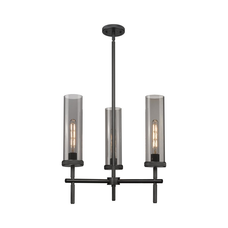 Luminaire suspendu avec tige 12 po 3 lumières Lincoln, Noir mat, Plaqué couleur fumée