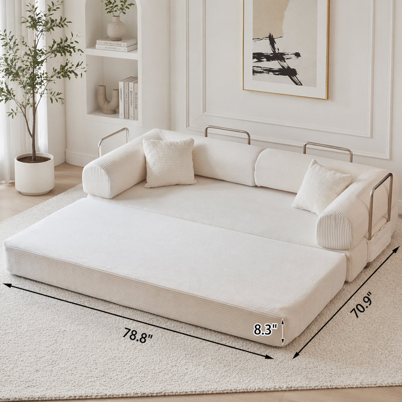 Canapé-lit convertible au sol avec velours côtelé et tiges de soutien, aucun assemblage requis, Tissu blanc