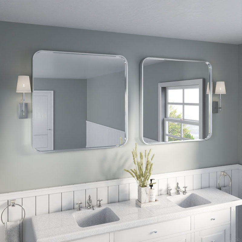 Élégant miroir encadré en aluminium avec coin arrondi pour une décoration intérieure élégante, Argent argent, Carrée