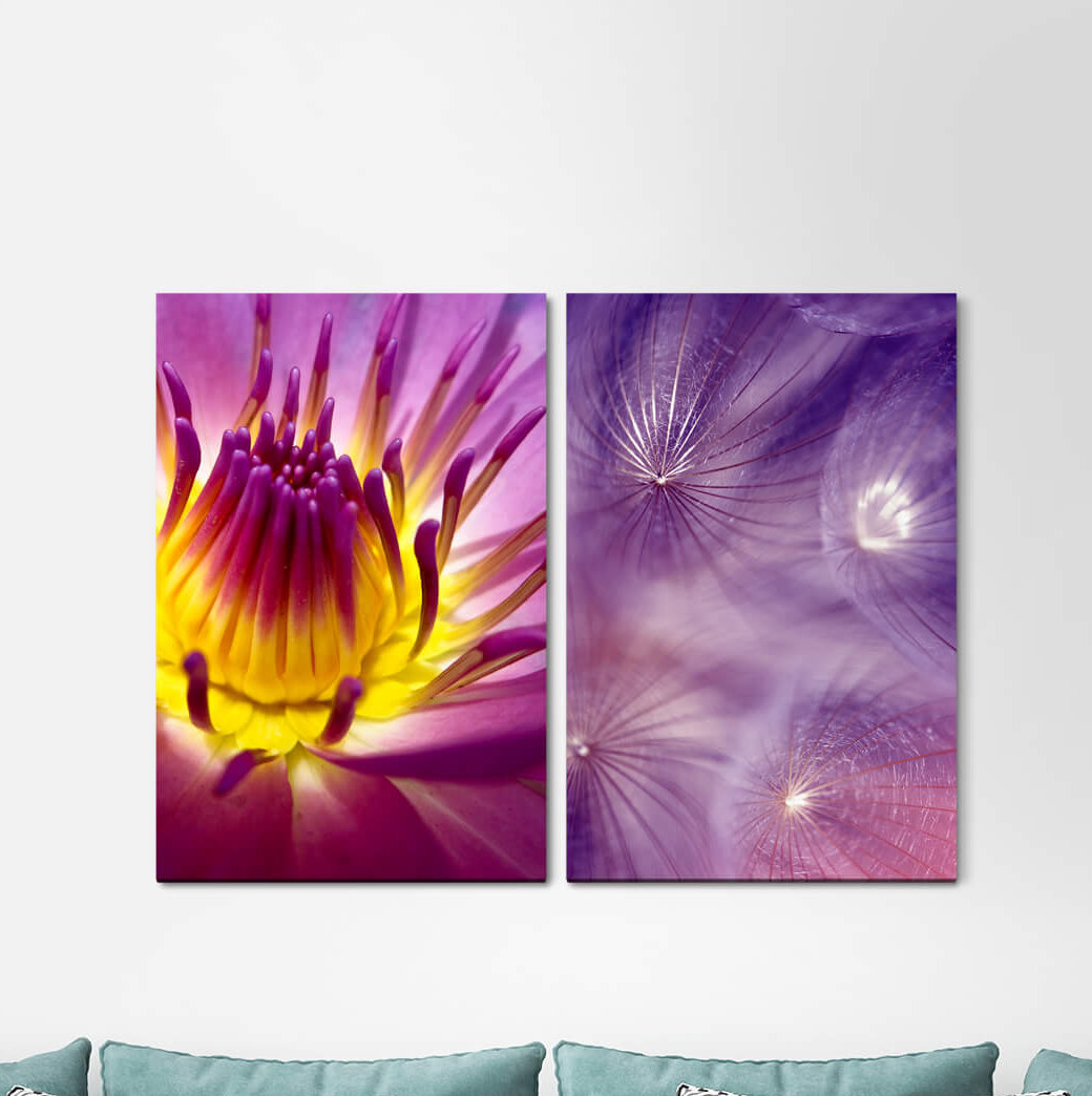 2-tlg. Leinwandbilder-Set - Fotografie „Neon Light Blowball Blossom Violet”