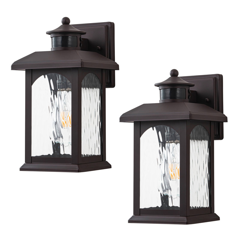 2-pack 12in. Oil Rubbed Bronze Motion Sensor & Dusk To Dawn Outdoor Wall Lantern With Water Ripple Glass