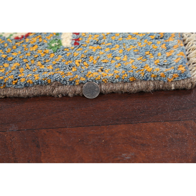 Tapis bleu en laine noué à la main de conception unique 1 pi 4 po x 1 pi 5 po Torsten