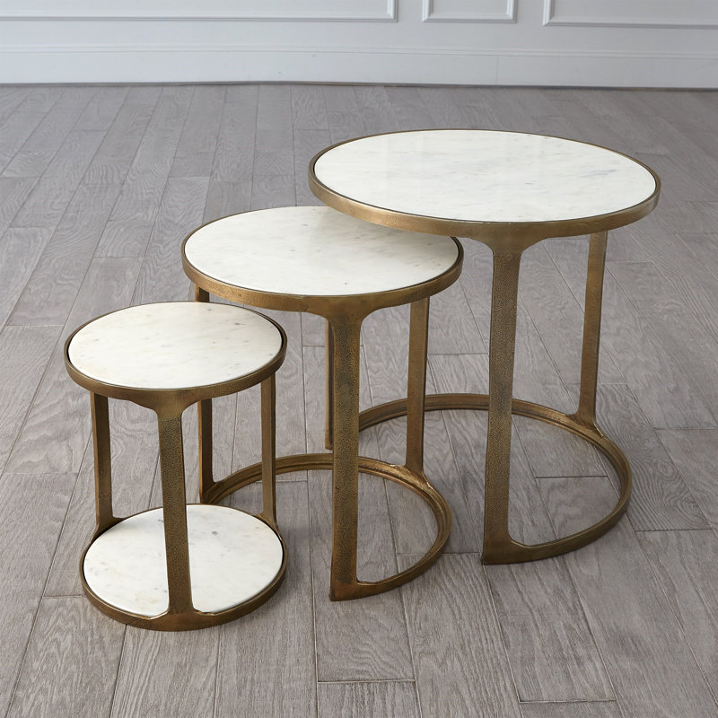 3 Piece Marble Top Nesting Table Set-Brass
