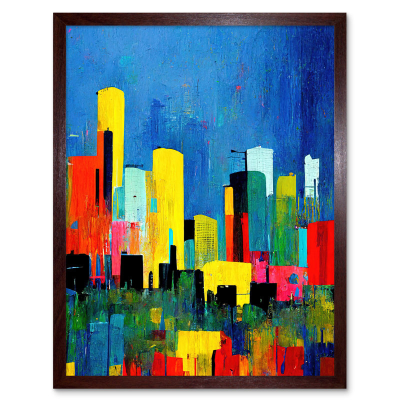 Abstract Midcentury Style Cityscape Skyline - Print, Brown Framed Paper, 43cm H x 33cm W x 2cm D