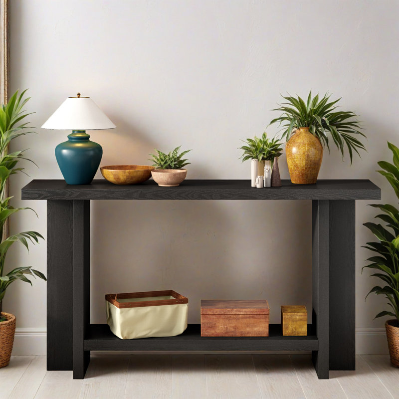 Console de 60,02 po, table de vestibule minimaliste avec pieds en forme de T, table de canapé avec tablette inférieure pour le salon, couloir