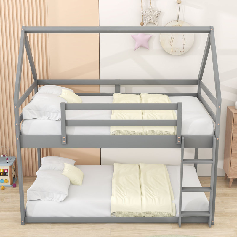 Twin Over Twin Bunk Bed With House-Shaped Frame And Ladder, Gray