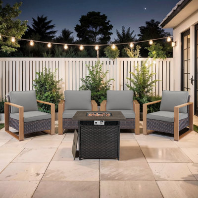 Ensemble de meubles de patio en osier en métal 5 pièces avec table de foyer de 50 000 BTU, meubles de conversation en rotin toutes saisons avec coussin lavable pour terrasse