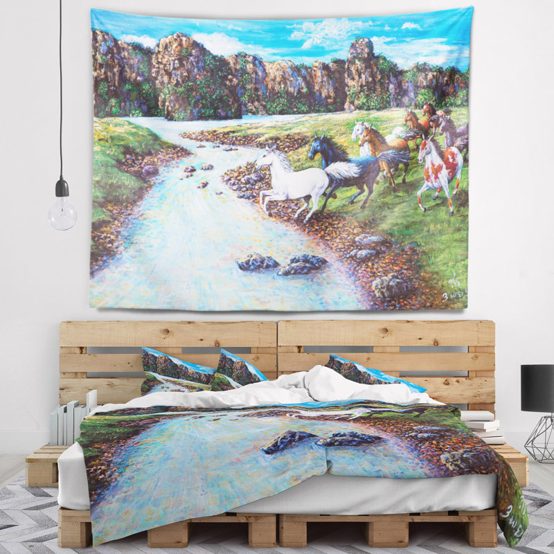 Tapisserie Chevaux traversant le ruisseau, H 32 po x l 39 po