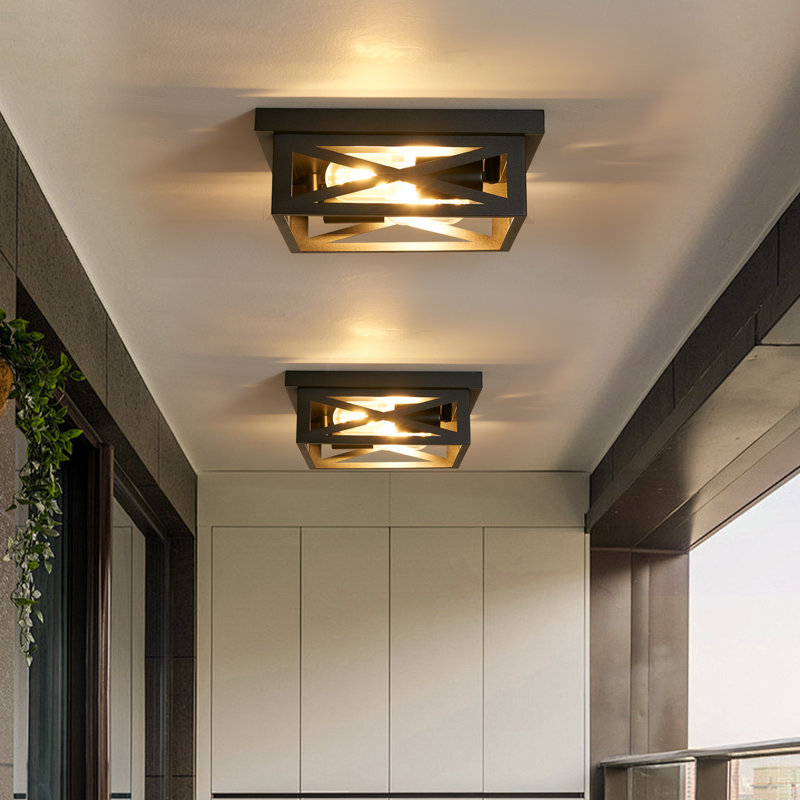 2-light Black Metal Square Farmhouse Flush Mount Ceiling Light