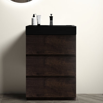 Meuble-lavabo moderne en noyer - 61 cm (24 po), grand lavabo silencieux, en noyer noir, fonctionnement fluide
