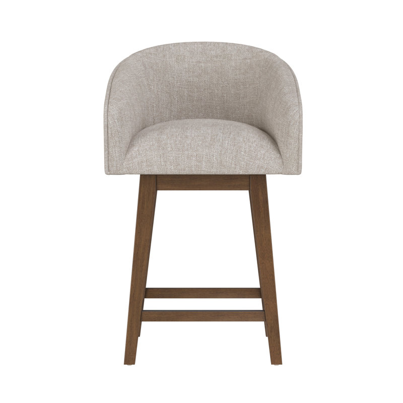 Dorreen Wood And Upholstered Barrel Back Adjustable Height Swivel Stool, Medium Brown, Oatmeal