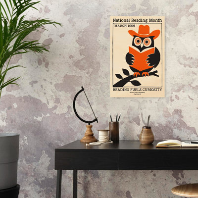Reading Cowboy Owl Retro Vintage Bird Owl Forest Wall Art Print by Patryk Krygowski - Wrapped Canvas Print