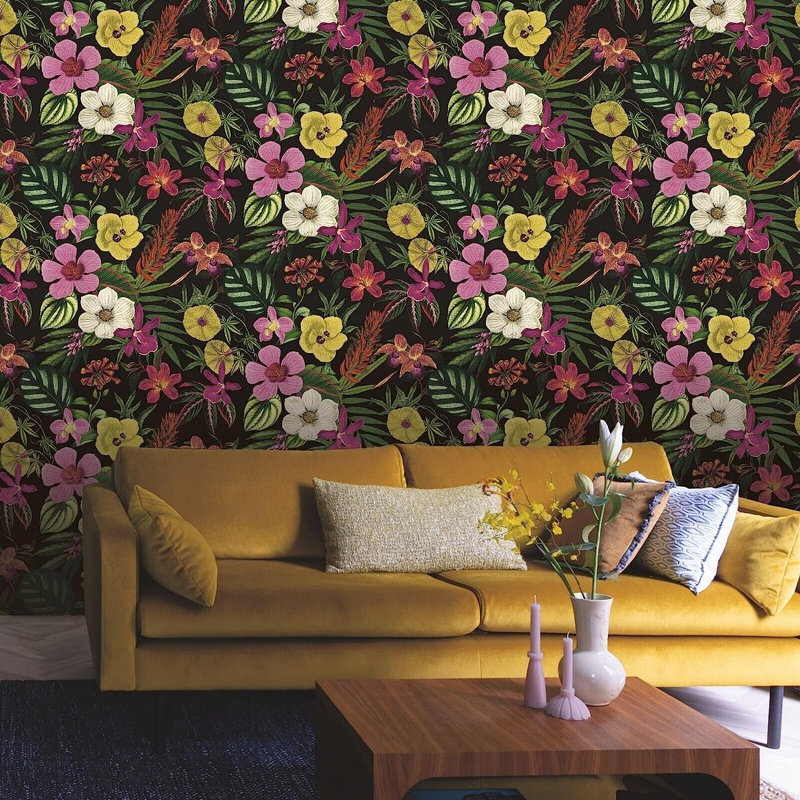 Calhern Black Floral Orchid Wallpaper 10m x 53cm Textured Matte Roll