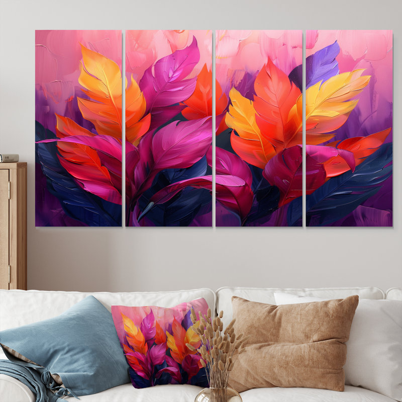 «Pink Yellow Feathered Fantasy I», ensemble de reproductions d'art mural plumes, H 32 po x l 64 po