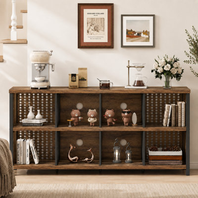 63" W Horizontal Organizer Bookshelf Standard Bookcase Industrial Long Wood Metal Book Shelf for Living Room and Home Office