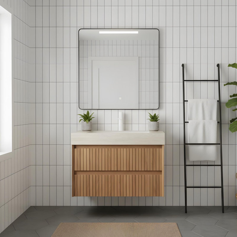 Meuble-lavabo mural 30 po avec 2 tiroirs et lavabo en céramique beige, 30", Beige