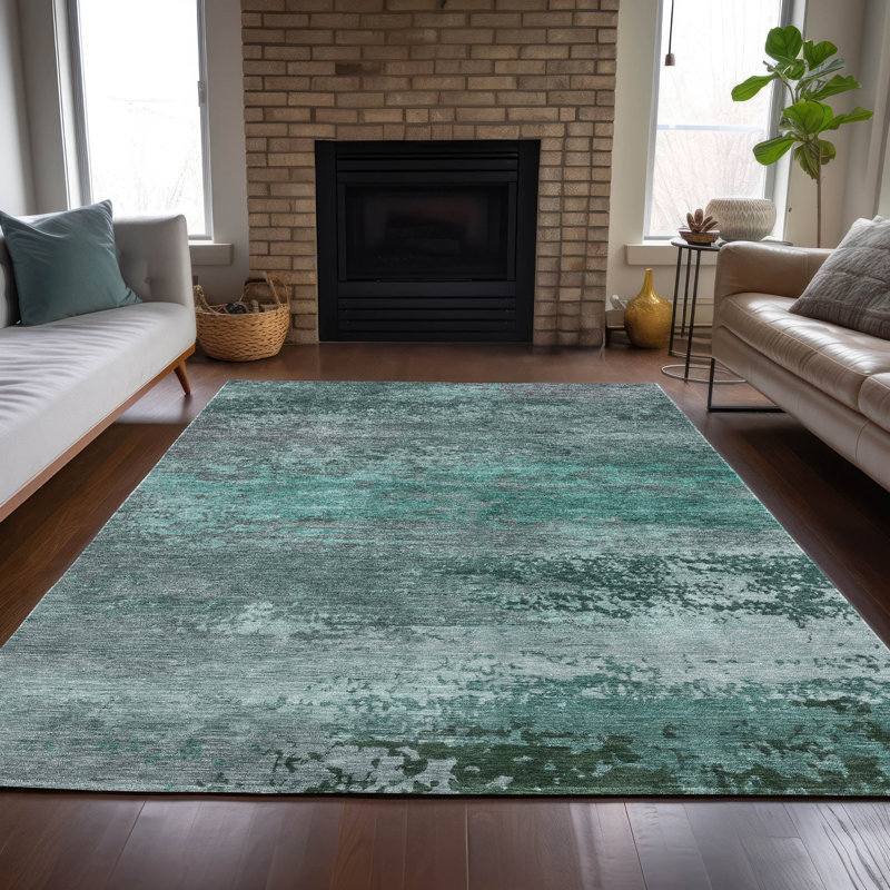 Tapis bleu sarcelle lavable à la machine intérieur / extérieur Xhevrie, Rectangle 5 pi x 7 pi 6 po
