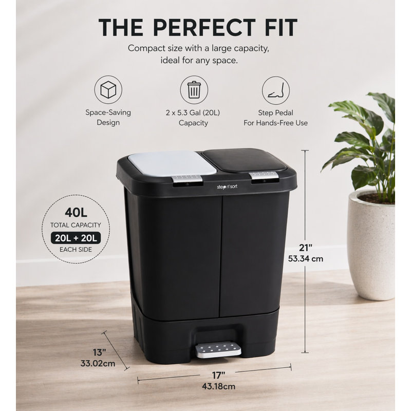 40L Dual Kitchen Recycling Bin with Pedal, 2 Compartments, Slim Space-Saving Design, Black
