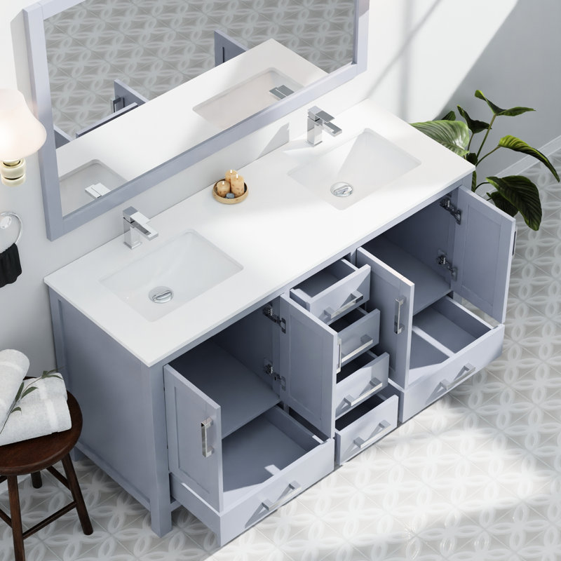Gris foncé 60 po W Double meuble-lavabo avec comptoir en marbre de culture, miroir 58 et armoires intérieures spacieuses, gris, pour salle de bain, finition, miroir, compartiments de rangement