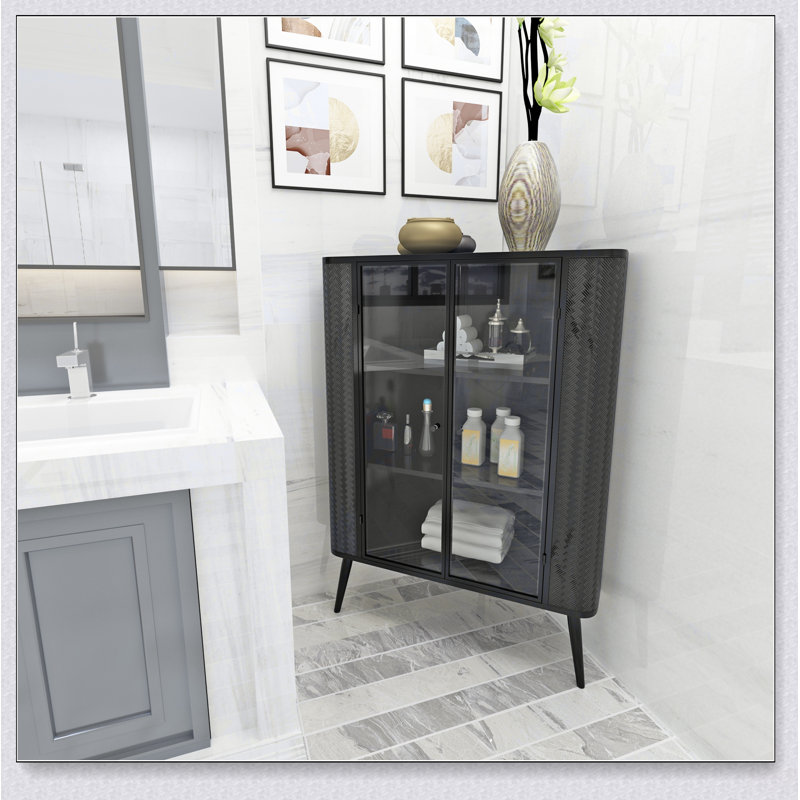 Armoire de rangement d'angle moderne à 3 niveaux avec portes en verre trempé, tablettes amovibles et structure en métal - Organisateur autoportant pour la salle de bain, la cuisine, la chambre à coucher, le salon ou les petits espaces