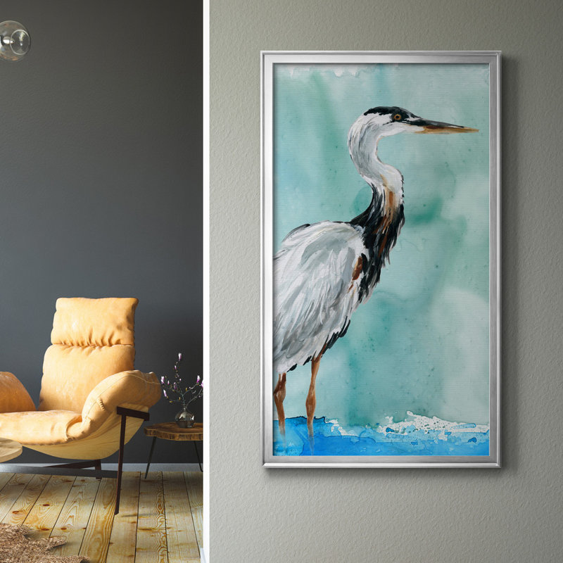 Delray Crane I - peinture sur toile encadrée, H 42,5 po x l 22,5 po x P 1,5 po, Cadre argenté