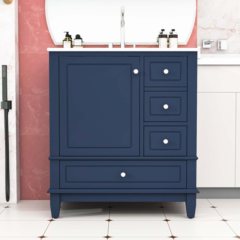 Meuble-lavabo avec lavabo, tablette et trois tiroirs, Bleu