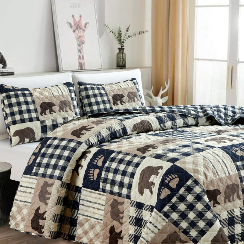 Ensemble de courtepointe réversible en microfibre bleu marine / taupe , Courtepointe grand + 2 couvre-oreillers standard