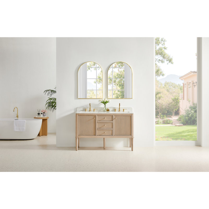 Blaise 54" Double Freestanding/Floating Bathroom Vanity in Light Oak with Grain White Engineered Stone Countertop