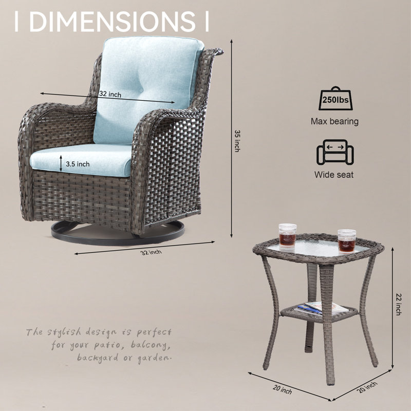 Ensemble de chaises berçantes pivotantes en osier 3 pièces avec coussins, Bleu ciel