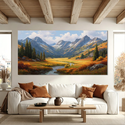 Large Fall Landscape Canvas Wall Art - Autumn Nature Valley Picture Artwork, Vintage Rustic Mountain for Living Room, Bedroom, or Farmhouse Wall Decor, Wrapped Canvas with Pine Frame, 28×58 Inches